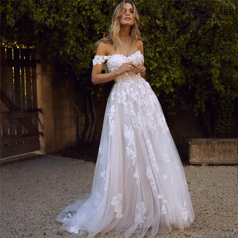 Abito da sposa principessa A-line in pizzo con scollo Bardot (spalle scoperte) | BellaSeta - BellaSeta