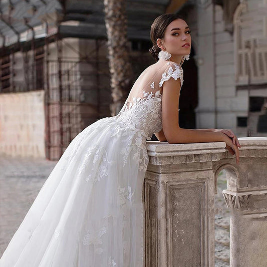 Abito da sposa a sirena bianco con scollo tondo e doppio stile | BellaSeta - BellaSeta