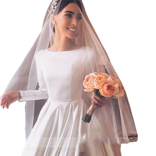 Abito da sposa in raso vintage con spalle scoperte e maniche lunghe | BellaSeta - BellaSeta