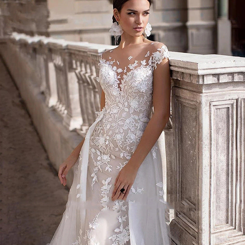 Abito da sposa a sirena bianco con scollo tondo e doppio stile | BellaSeta - BellaSeta