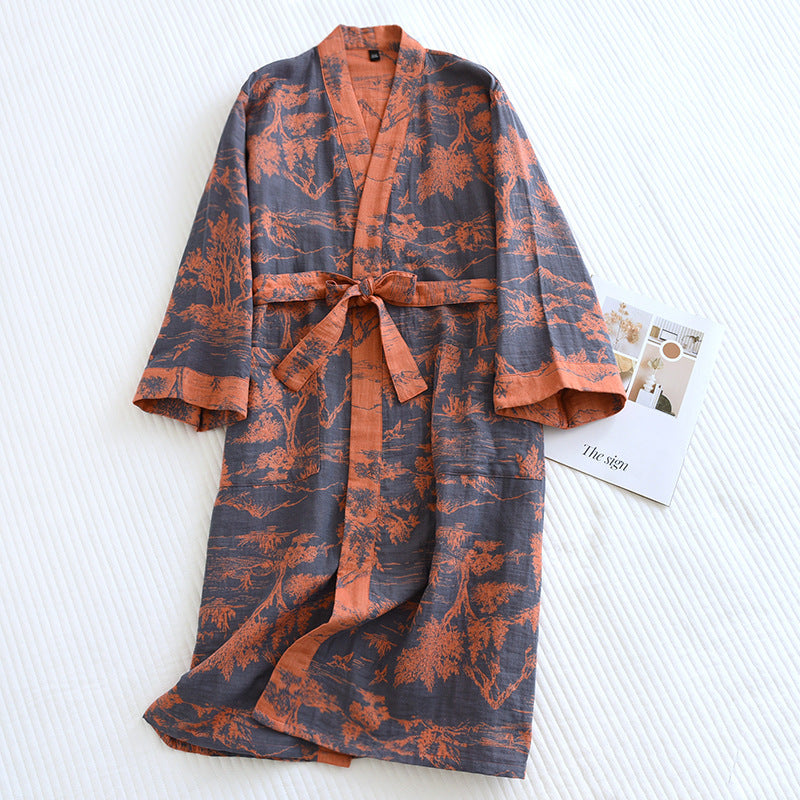 accappatoio kimono grigio antracite con dettagli terracotta jacquard e cintura regolabile su fondo chiaro