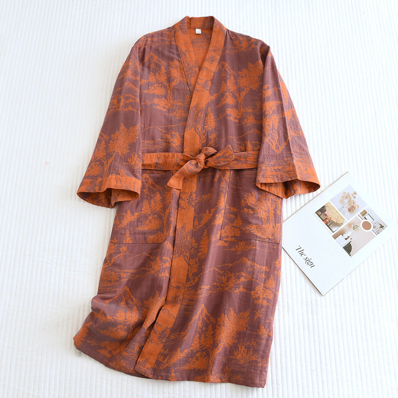 accappatoio kimono marrone terracotta con motivo jacquard e cintura regolabile su fondo chiaro