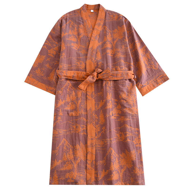 Accappatoio Kimono Marrone Terracotta con Motivo Jacquard