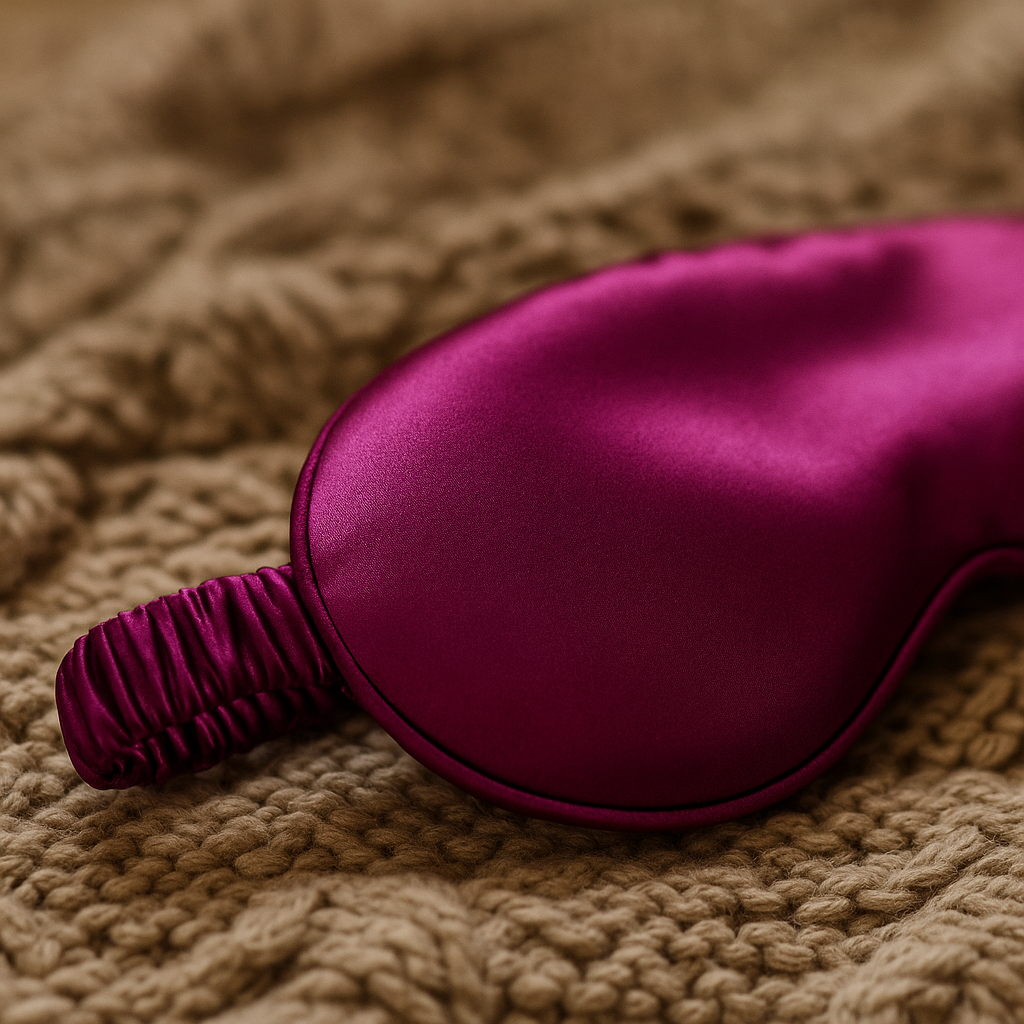 Mascherina per dormire in seta viola Bellaseta - elegante maschera notte in pura seta naturale per un sonno confortevole e senza segni.