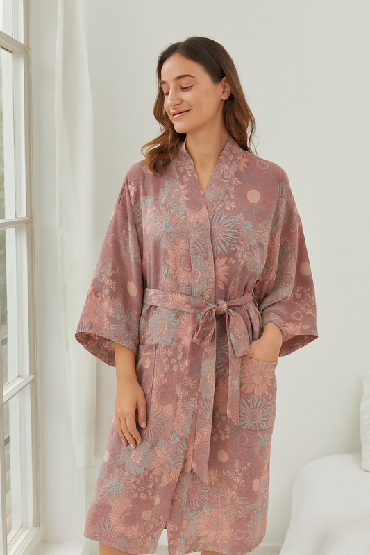 persona che indossa kimono accappatoio rosa antico con motivo floreale jacquard e cintura regolabile