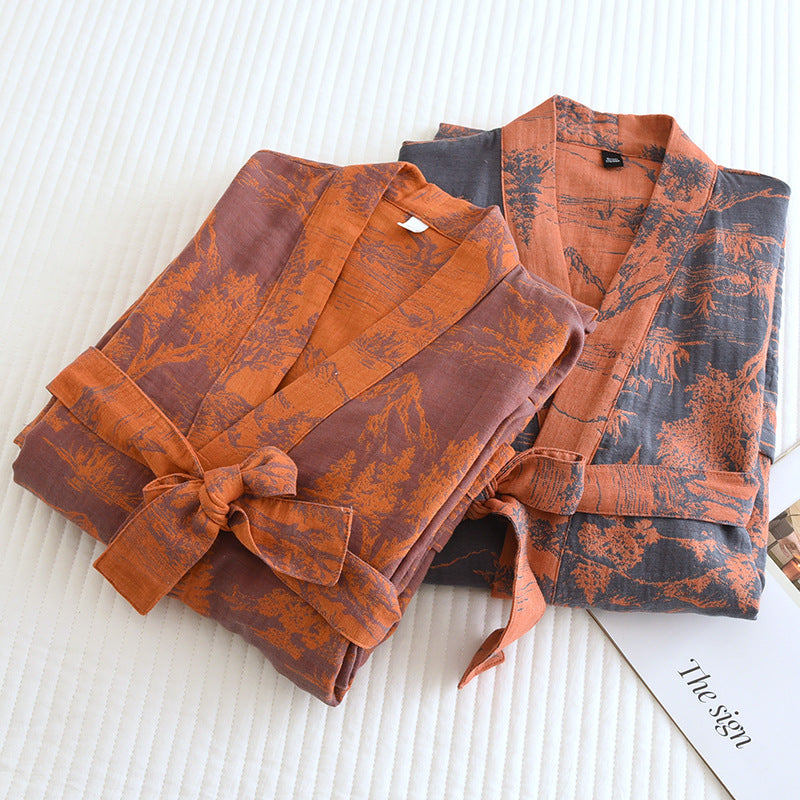 set di due accappatoi kimono jacquard piegati con cintura, colori marrone terracotta e grigio antracite