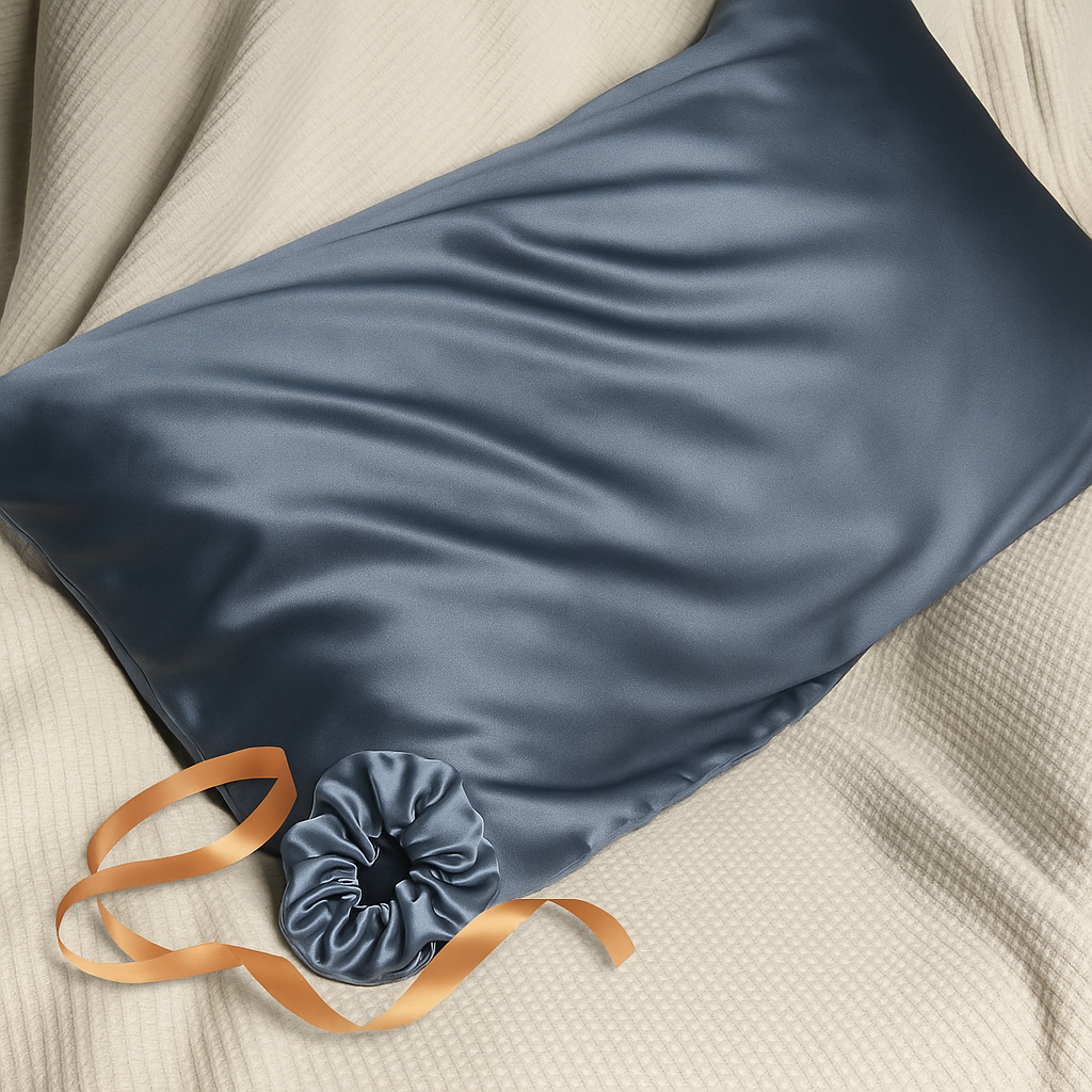 Federe in seta blu Bella Seta su letto bianco, eleganti e morbide per sonno rigenerante e capelli sani