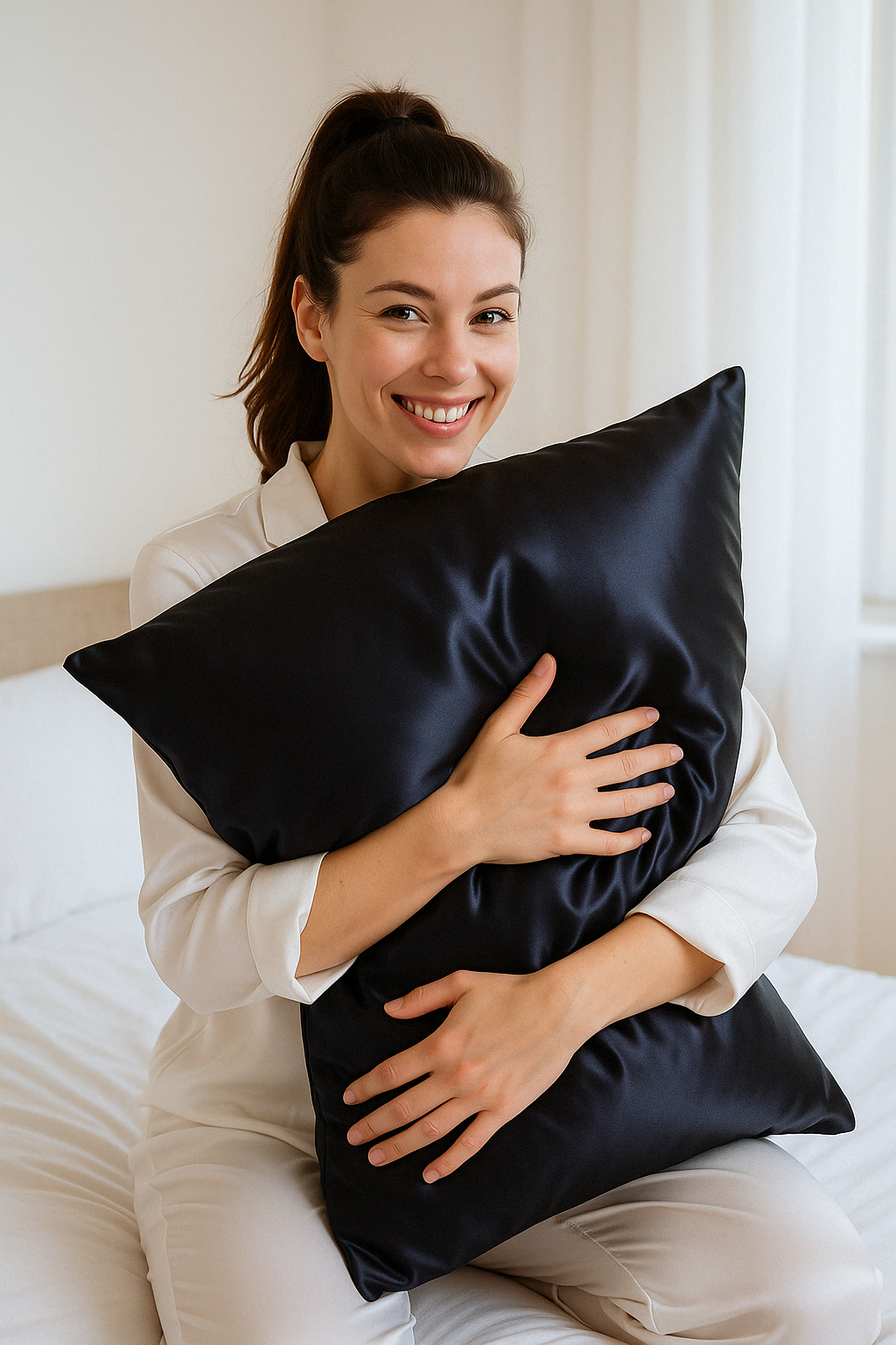 Donna sorridente con federa in seta nera Bella Seta – eleganza e comfort per pelle e capelli