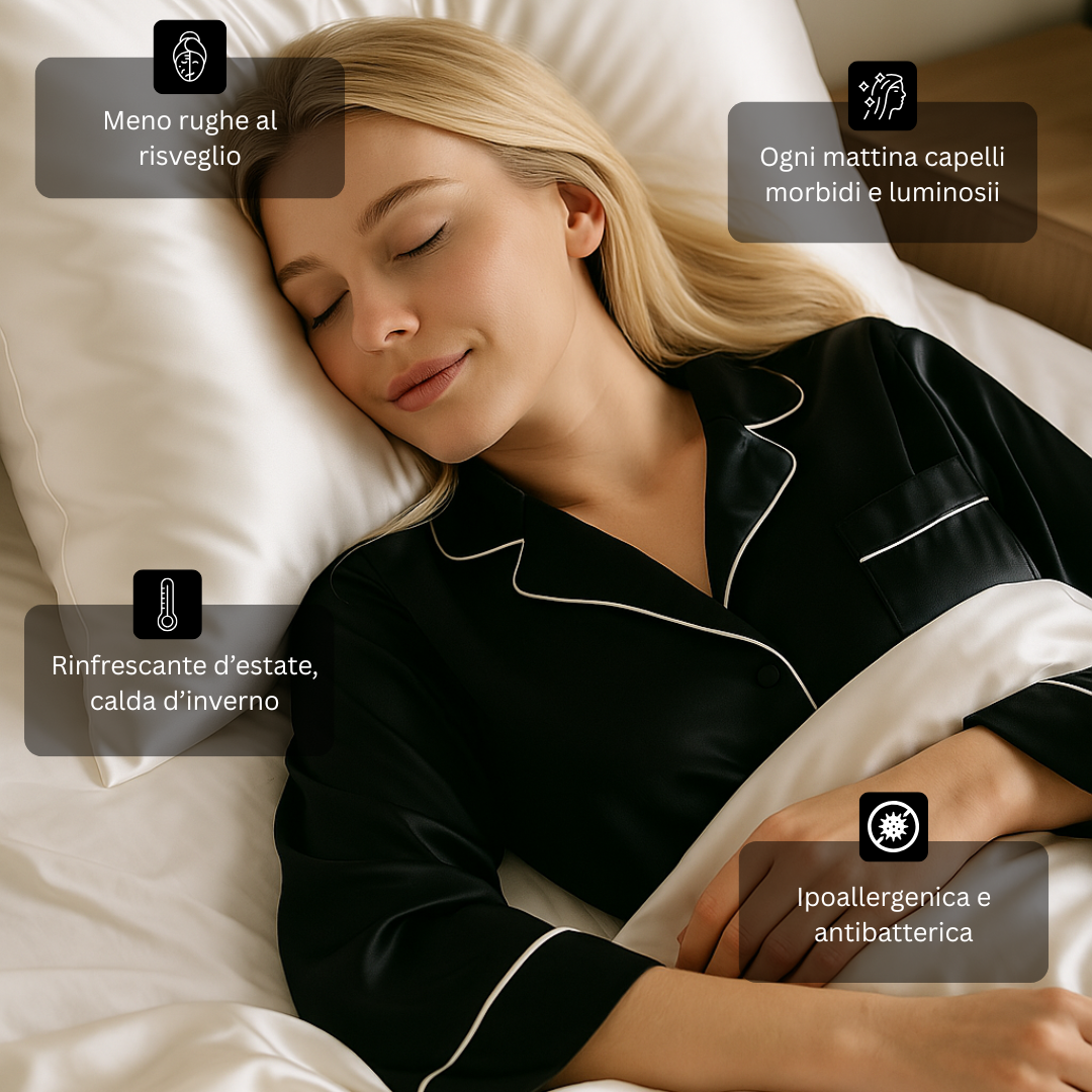 Donna che dorme su federa in seta Bella Seta – meno rughe, capelli luminosi e sonno più confortevole