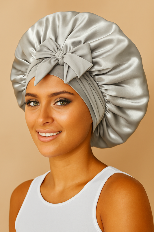 Cuffia in seta argento doppio strato con fiocco elegante per protezione capelli - Bella Seta