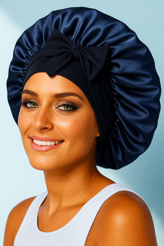 Doppio strato cuffia in seta blu navy con fiocco elegante, cuffia per dormire Bella Seta