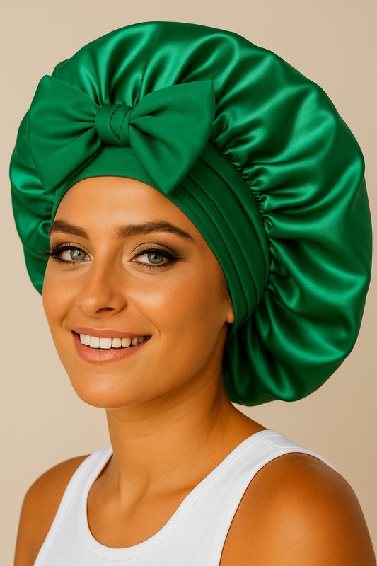Doppio strato cuffia in seta verde con fiocco elegante, cuffia per dormire Bella Seta