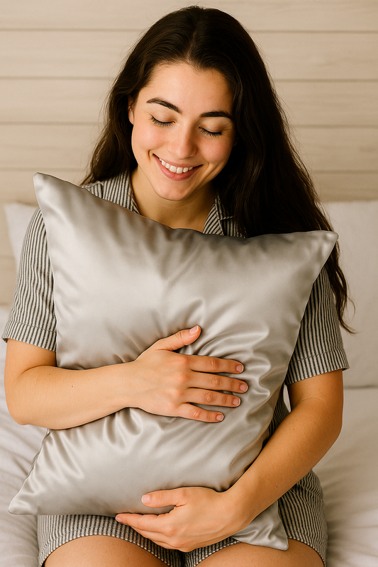 Federa in seta argento Bella Seta abbracciata da donna sorridente per pelle luminosa e capelli senza crespo