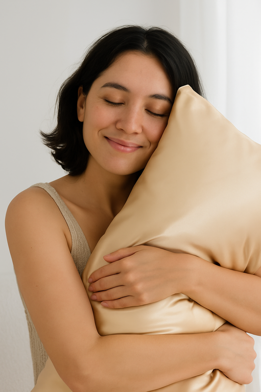 Donna felice abbraccia federa in seta champagne per pelle e capelli sani