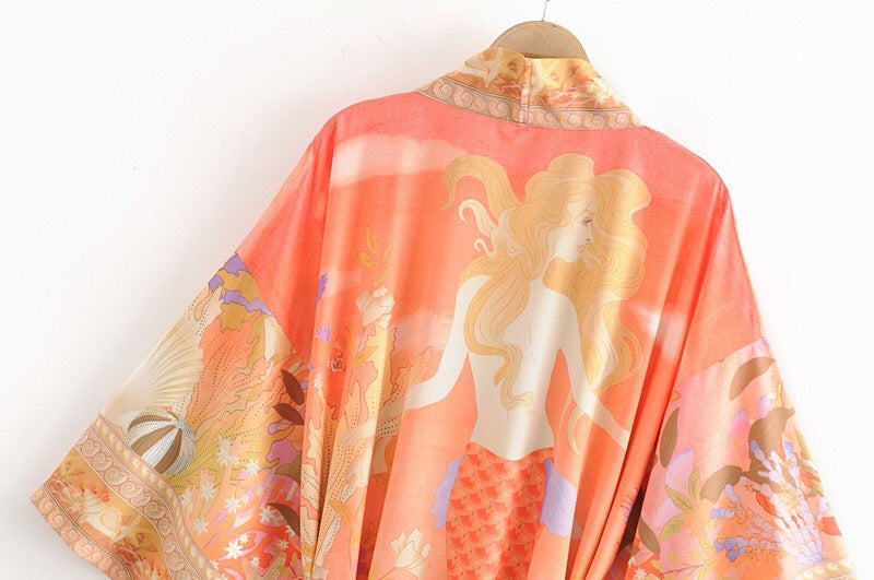 Retro kimono in chiffon floreale arancione con motivo sirena - BellaSeta
