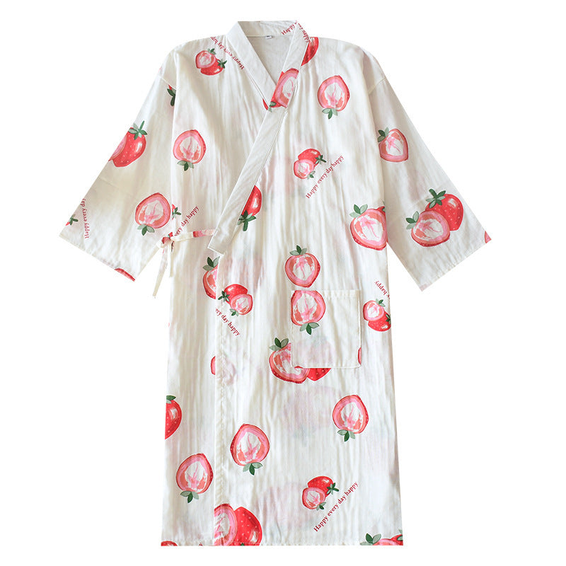 Kimono giapponese in cotone bianco con motivo fragola rosso - BellaSeta