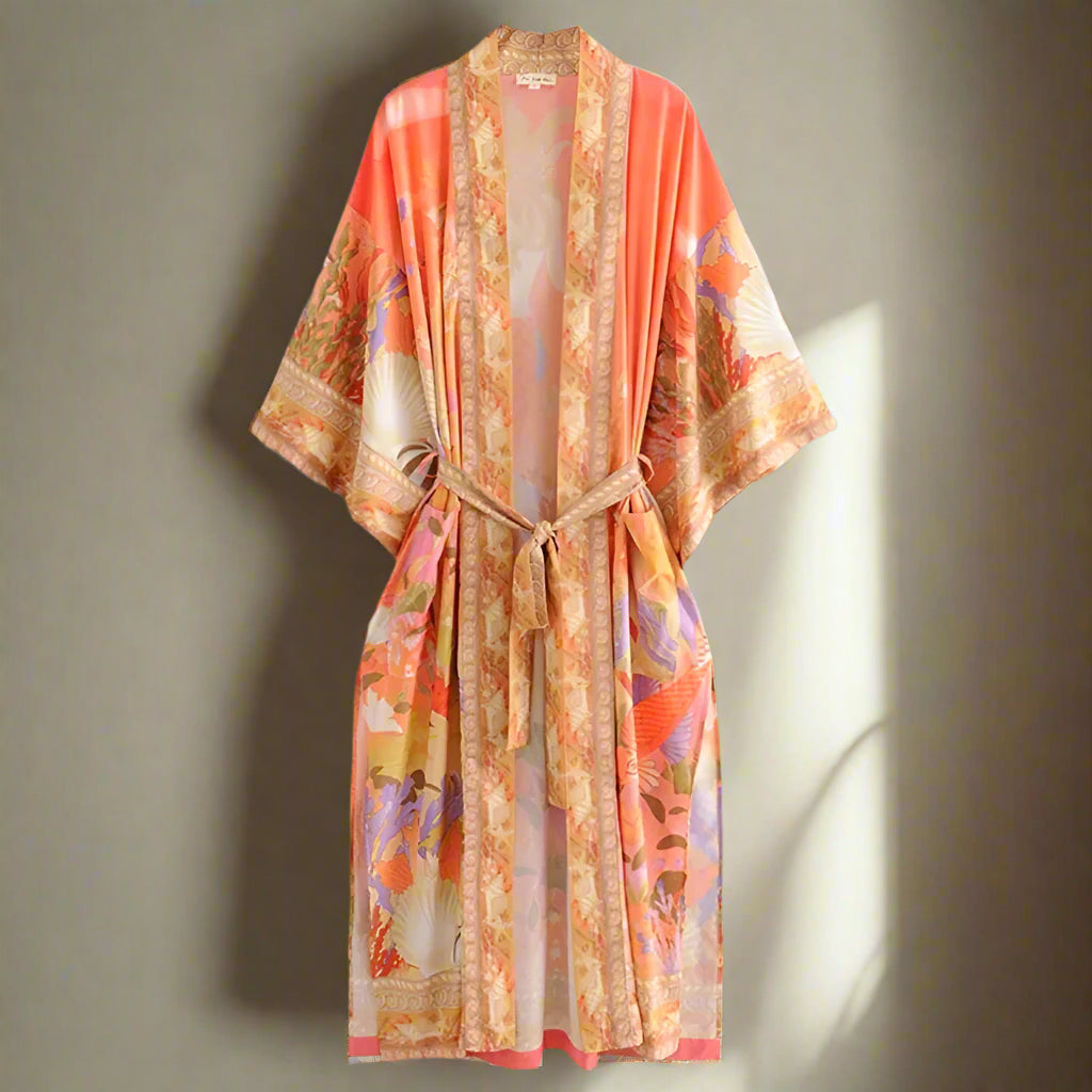 Kimono in chiffon floreale arancione con cintura, elegante e leggero - BellaSeta