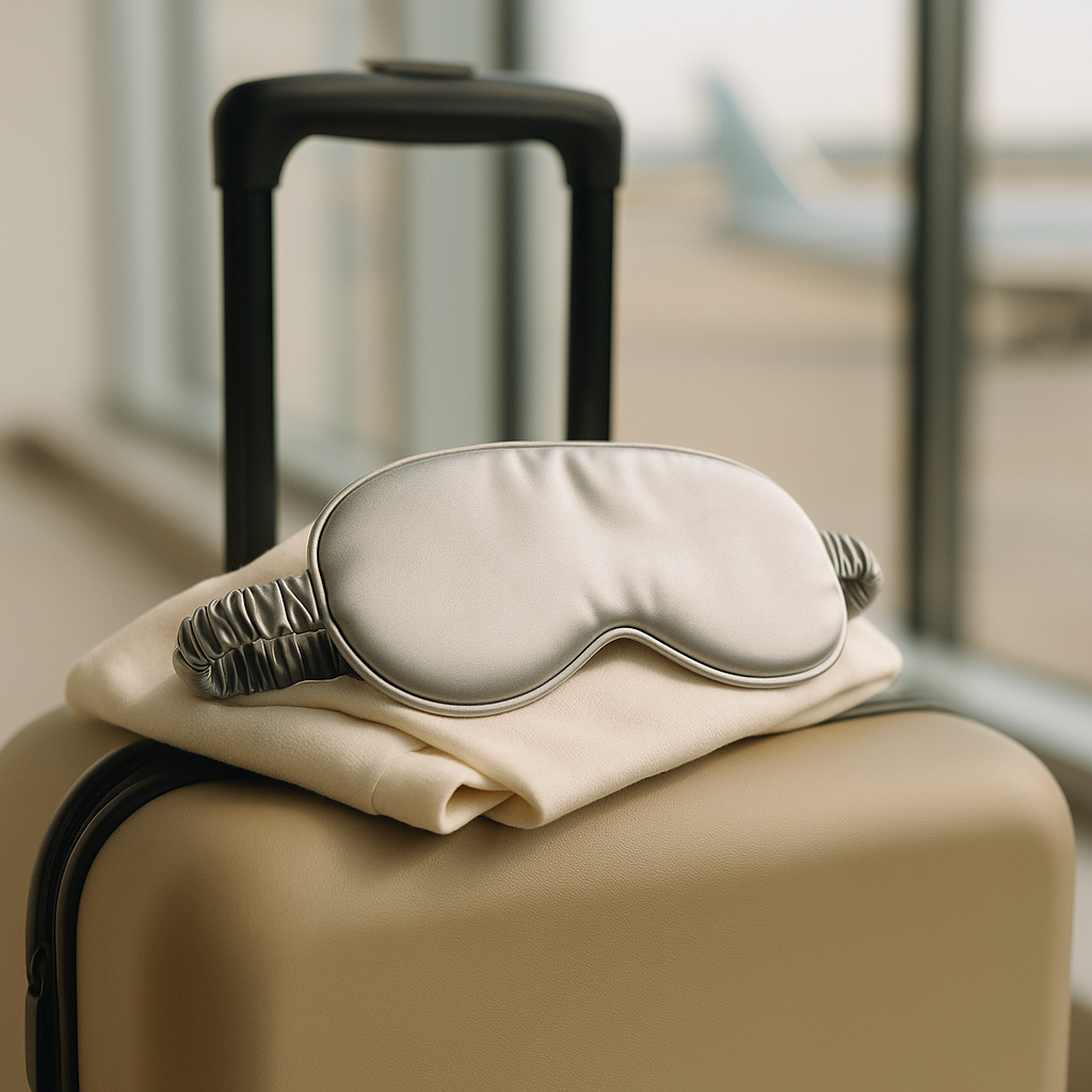 Mascherina per dormire in seta color argento, leggera e compatta, ideale per casa, viaggio o meditazione