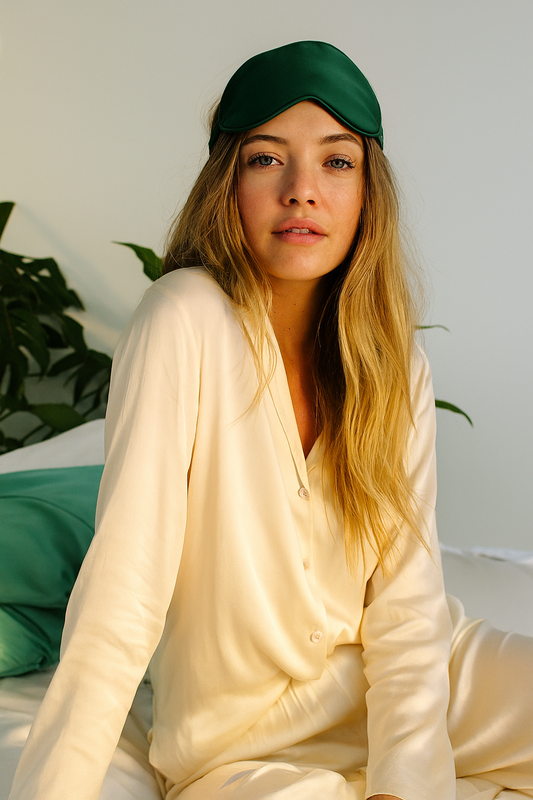 Donna con mascherina per dormire in seta verde, accessorio elegante per il sonno ristoratore