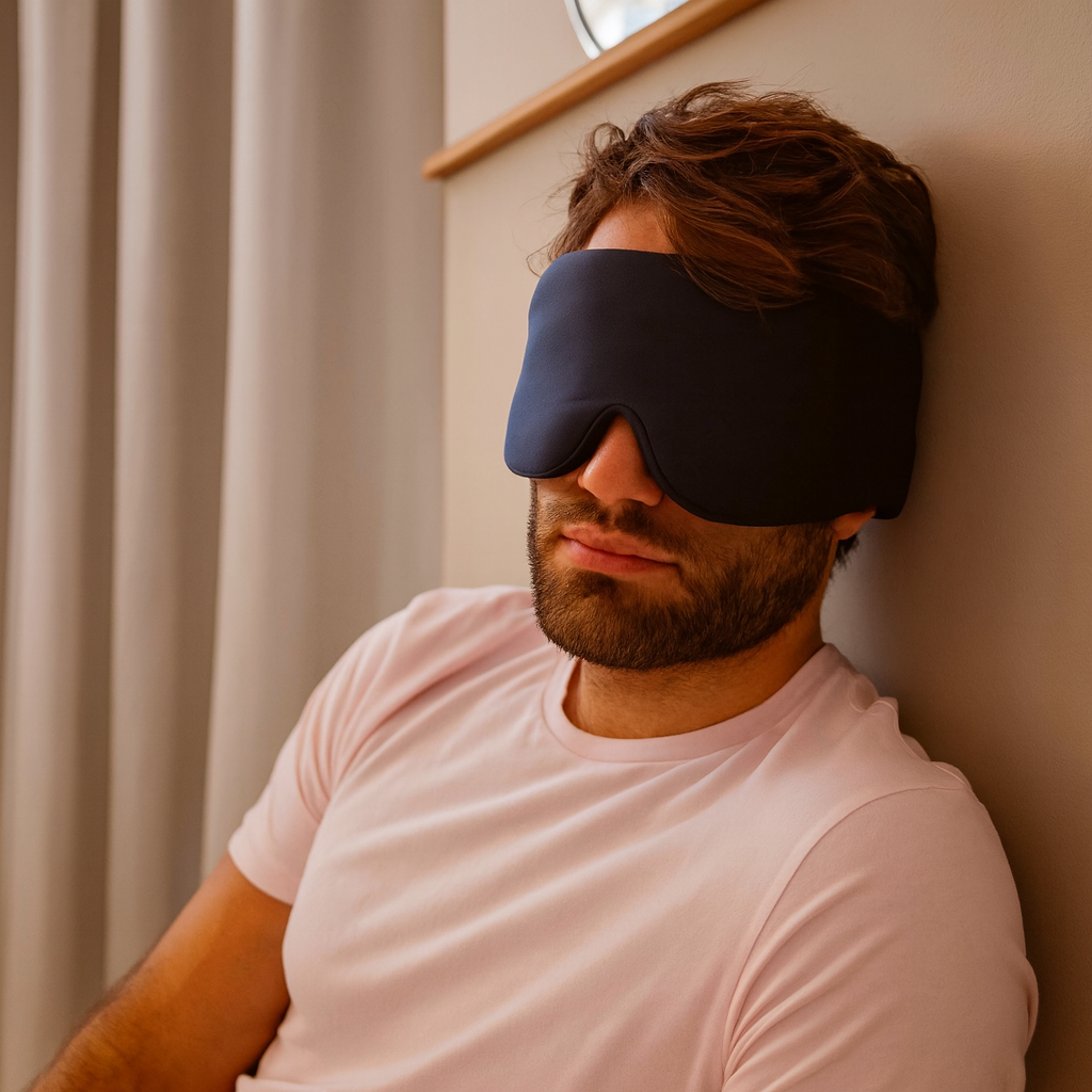Uomo con mascherina per dormire in seta blu scura 3D che copre anche le orecchie