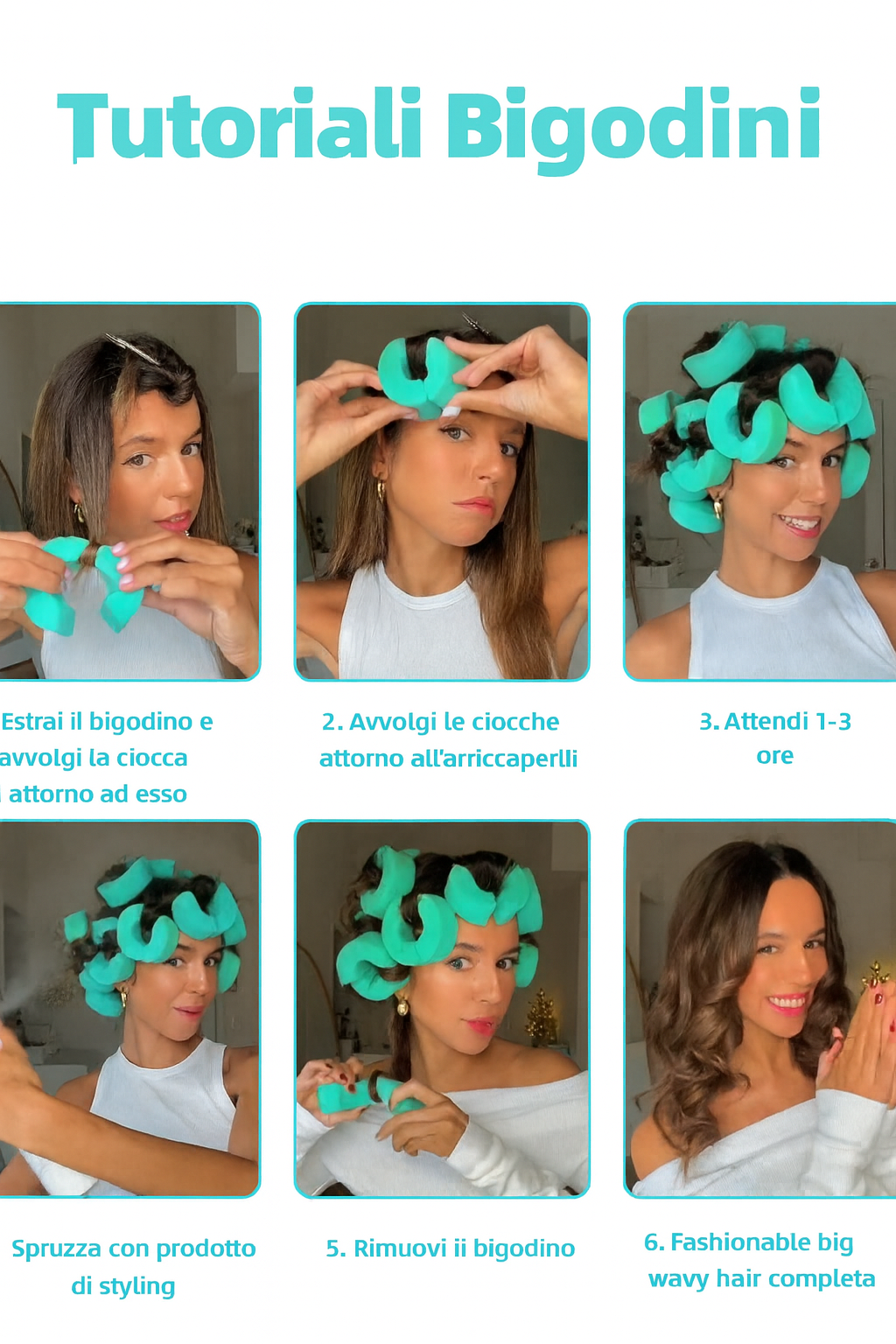 Tutorial in italiano passo passo su come usare i bigodini senza calore C-Type colore ciano BellaSeta per ottenere onde morbide