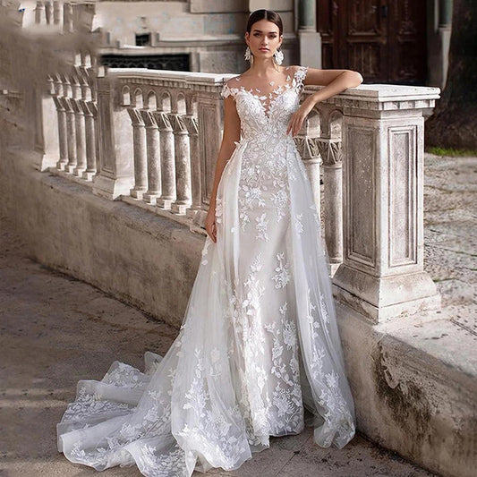 Abito da sposa a sirena bianco con scollo tondo e doppio stile | BellaSeta - BellaSeta