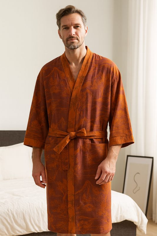uomo in accappatoio kimono marrone terracotta con motivo elegante e cintura regolabile