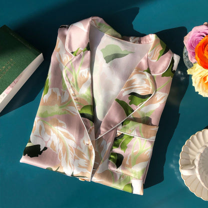 Camicia pigiama in seta da donna floreale rosa e verde Bella Seta