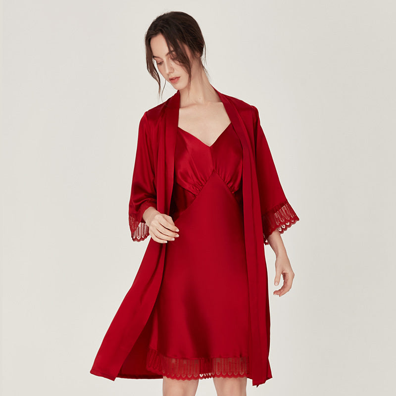 seta donna rosso elegante con vestaglia e sottoveste a spalline Bella Seta