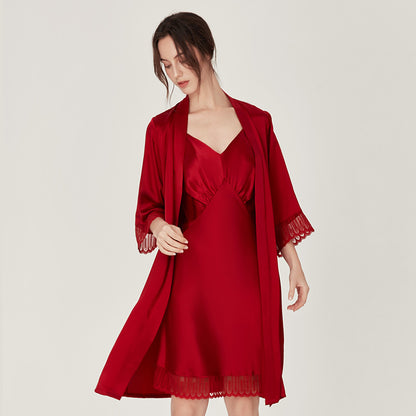 seta donna rosso elegante con vestaglia e sottoveste a spalline Bella Seta