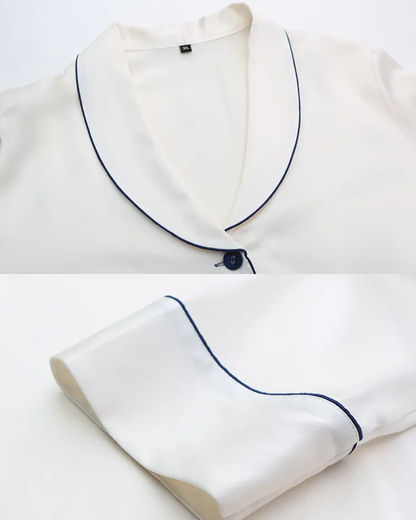 Dettaglio camicia pigiama in seta da donna bianca con bordo blu Bella Seta