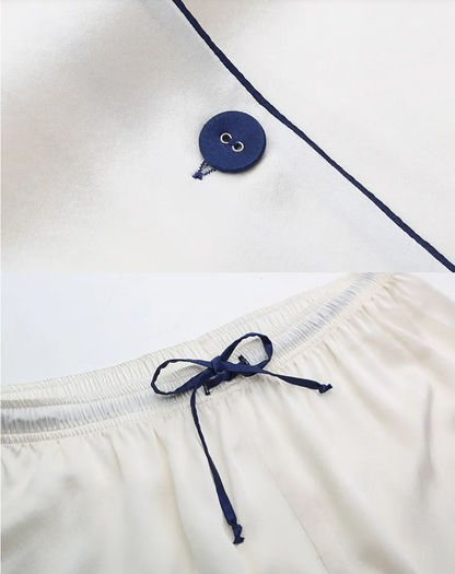 Dettaglio pigiama in seta da donna bianco con bottoni e laccio blu Bella Seta