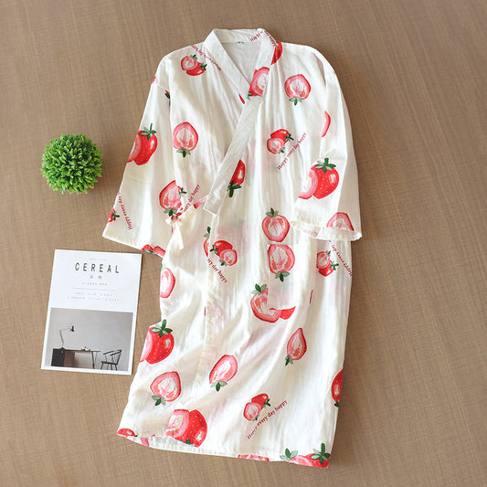 Kimono giapponese in cotone bianco con motivo fragola - BellaSeta