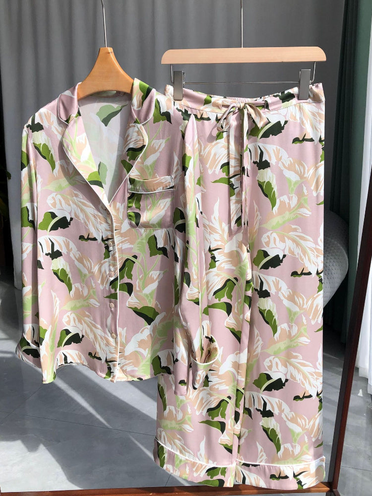 Pigiama in seta da donna floreale due pezzi con camicia e pantaloni Bella Seta