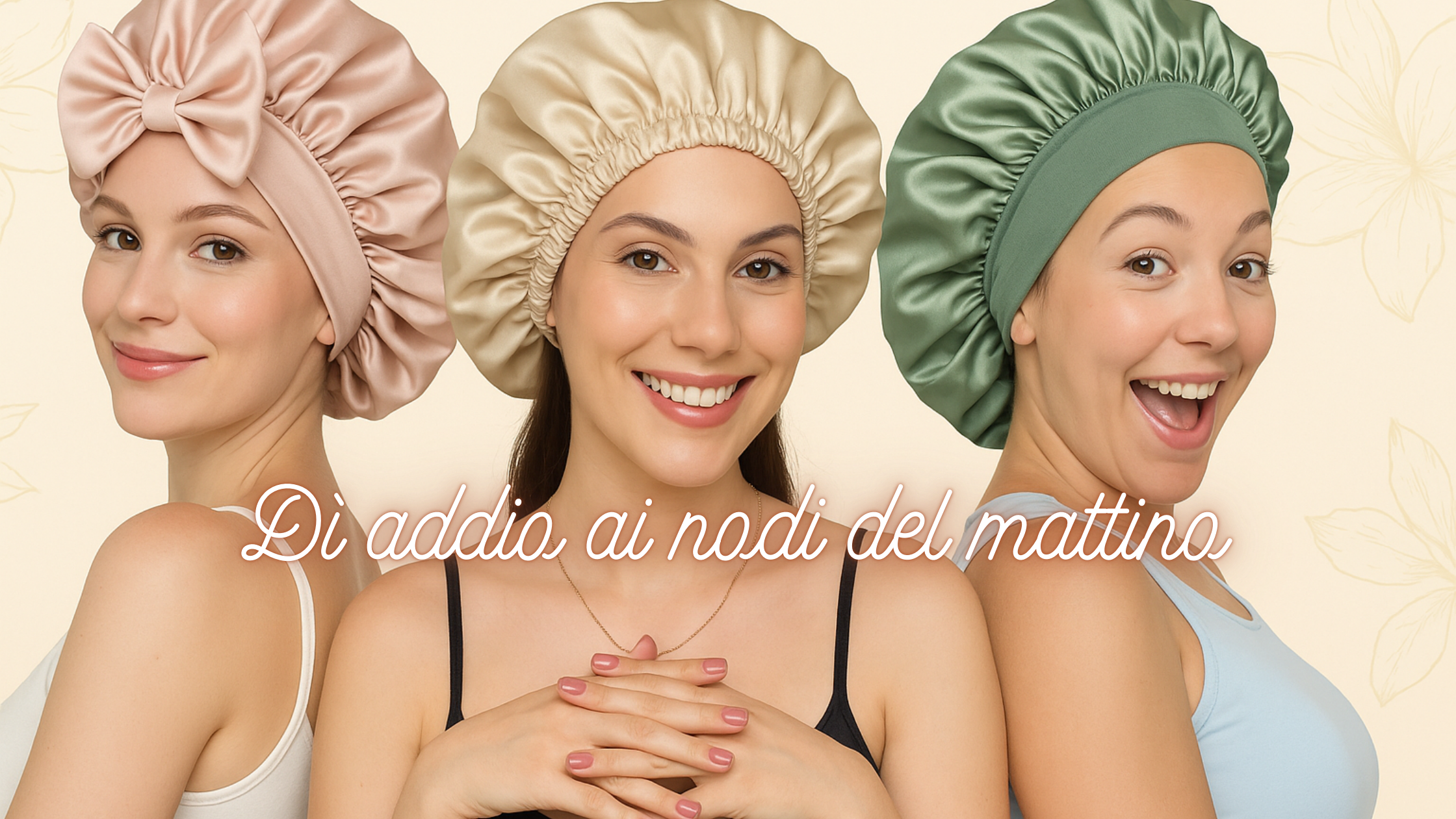 Tre donne con cuffie per capelli in seta: rosa cipria, champagne e verde salvia