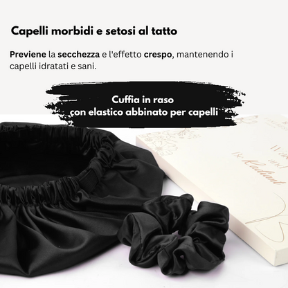 Cuffia per capelli in raso reversibile con elastico | Nero - BellaSeta