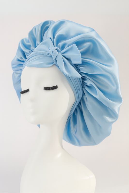 Doppio strato cuffia in seta azzurro cielo con fiocco grande – bonnet elegante Bella Seta per protezione capelli durante il sonno