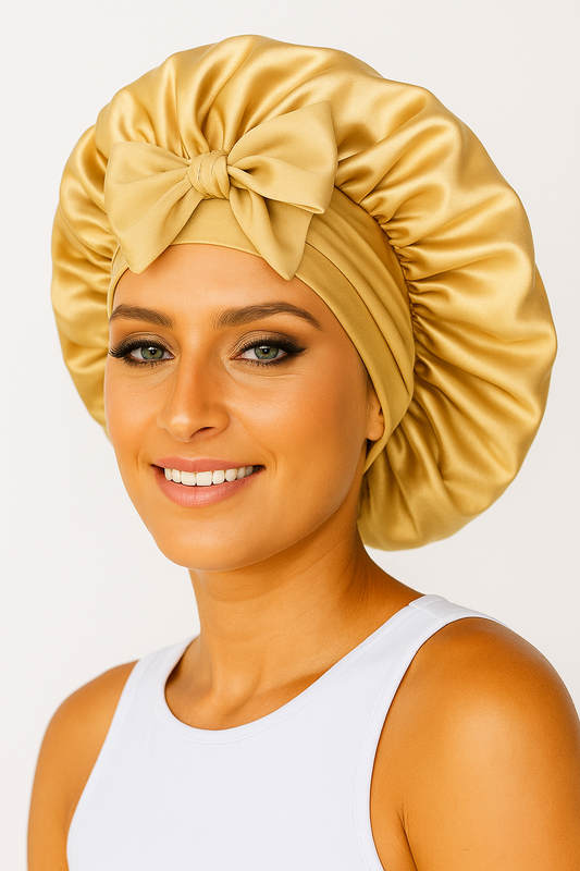 Doppio strato cuffia in seta color oro con fiocco, bonnet elegante in pura seta per protezione dei capelli - Bella Seta