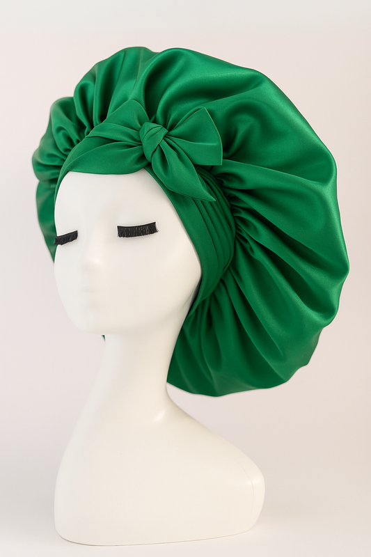 Doppio strato cuffia in seta verde per capelli – bonnet in seta elegante con fiocco grande, ideale per protezione e cura dei capelli durante il sonno.