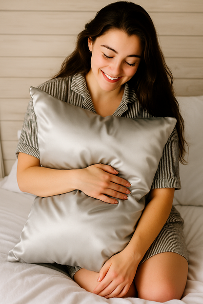 Federa in seta argento Bella Seta abbracciata da donna sorridente per pelle luminosa e capelli senza crespo
