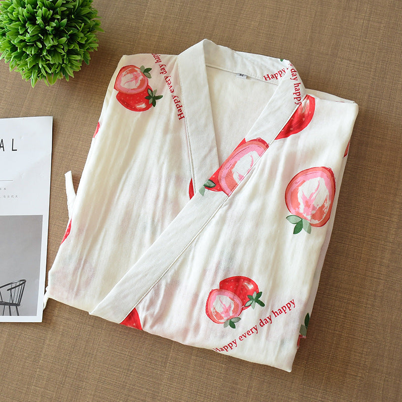 Kimono giapponese in cotone bianco piegato con motivo fragola - BellaSeta