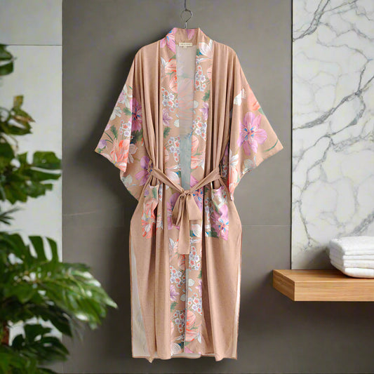 Kimono floreale marrone con cintura – vista frontale – BellaSeta